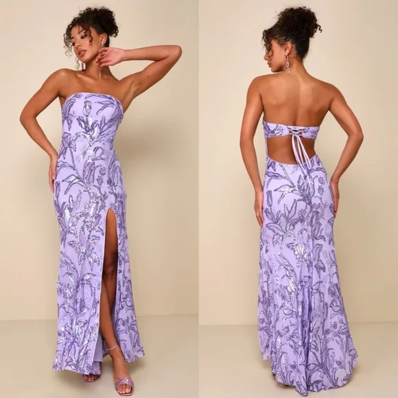 Lulus Shimmering Icon Lavender Sequin Lace-Up Strapless Maxi Dress M Party Prom - Picture 1 of 12